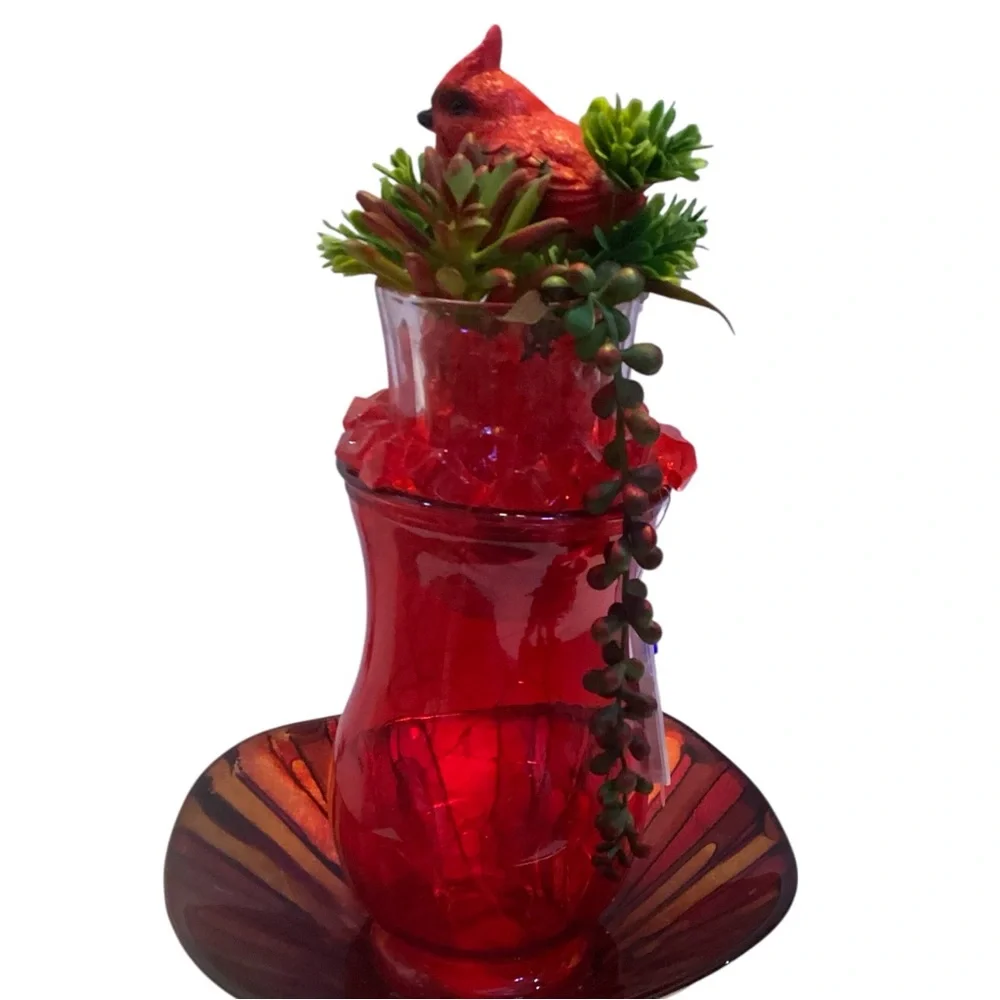 Red Glass Lighted Cardinal Centerpiece Vase Plate Set LED Fairy Lights